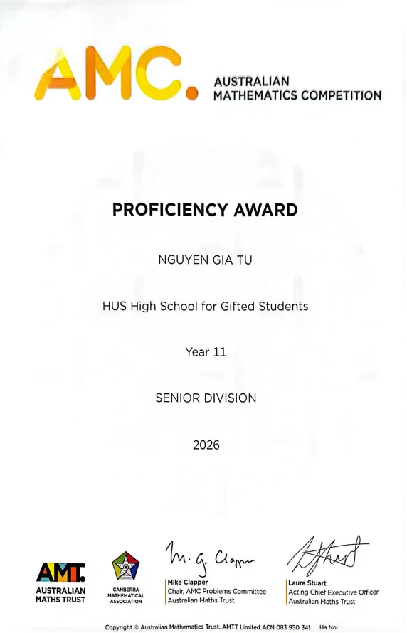 Australian Mathematics Competition 2026 Proficiency Award for Nguyen Gia Tu, Year 11, Senior Division