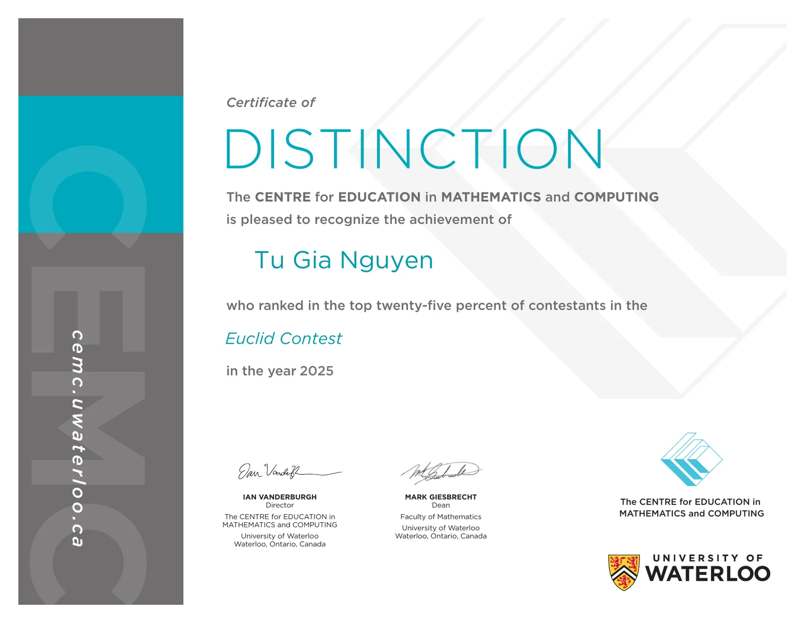 Euclid Contest 2025 Certificate of Distinction for Tu Gia Nguyen