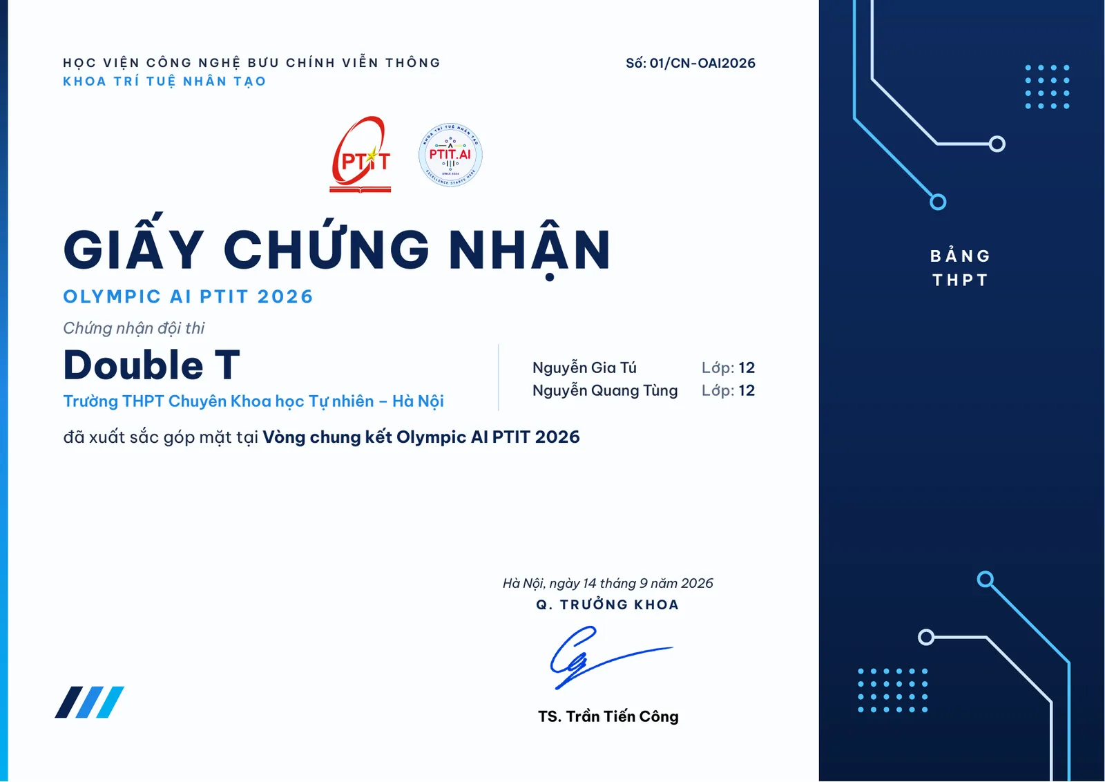 Olympic AI PTIT 2026 finalist certificate for team Double T, including Nguyễn Gia Tú