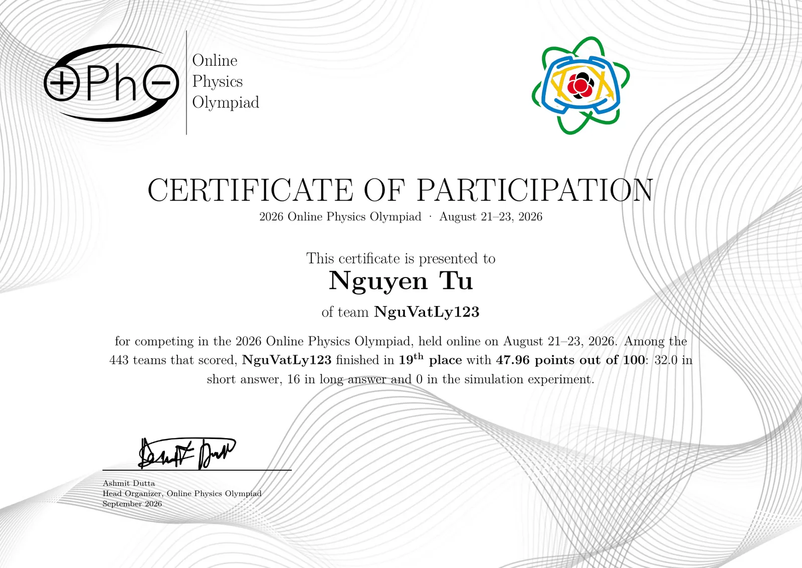 OPhO 2026 certificate for Nguyen Tu of team NguVatLy123