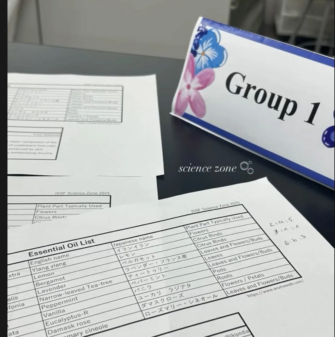 JSSF Science Zone 2025 worksheets and a Group 1 table sign