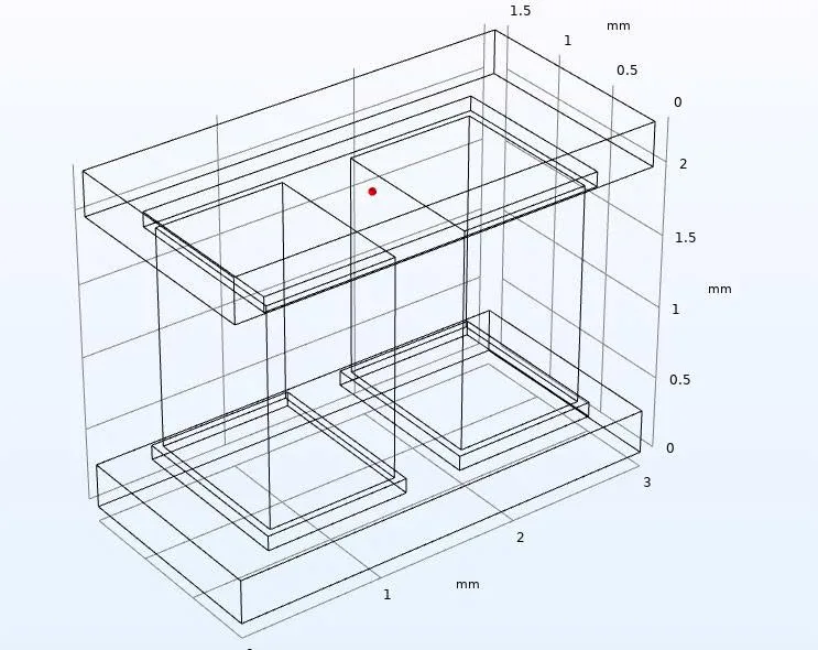 Wireframe thermoelectric geometry model with two vertical elements between upper and lower layers and dimensions in millimetres